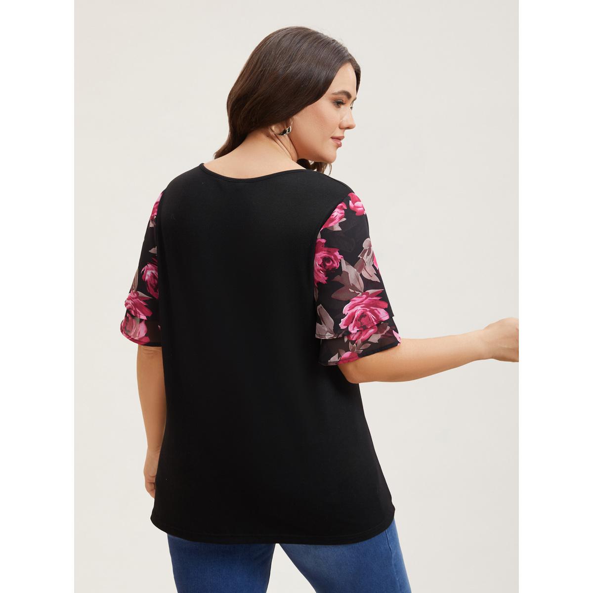 Plus Size Stretchy Floral Lotus Sleeve V-Neck T-Shirt Black Women Leisure Contrast Round Neck Casual T-shirts BloomChic 18-20/2X Product Image