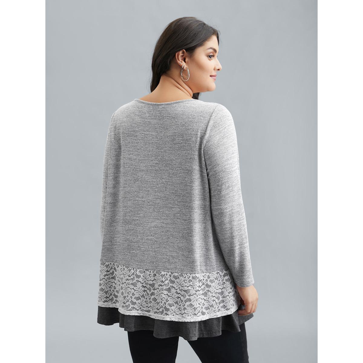 Plus Size Lace Overlap Hem Round Neck T-Shirt LightGray Women Casual Overlapping Round Neck Everyday T-shirts BloomChic 12/L Product Image
