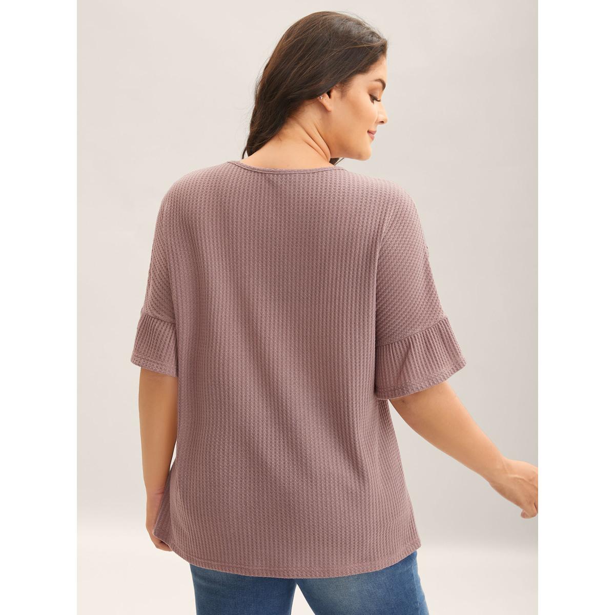 Plus Size Textured Lace Ruffled Sleeve T-Shirt Rouge Women Leisure Woven ribbon&lace trim Round Neck Casual T-shirts BloomChic 14-16/1X Product Image