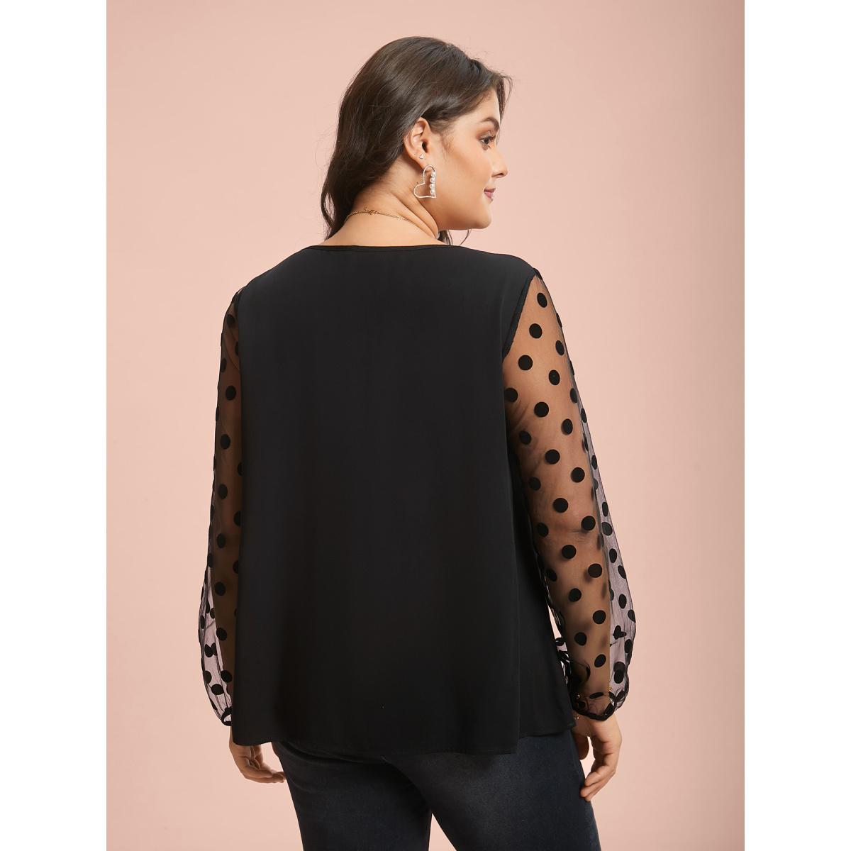 Plus Size Black Polka Dot Sheer Mesh Sleeve Spliced Blouse Women Elegant Long Sleeve Round Neck Everyday Blouses BloomChic 10/M Product Image
