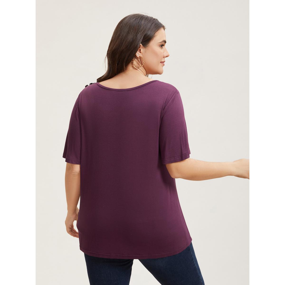 Plus Size Supersoft Asymmetrical Neckline Flutter Sleeve T-Shirt Plum Women Casual Pleated Asymmetrical Neck Everyday T-shirts BloomChic 14-16/1X Product Image