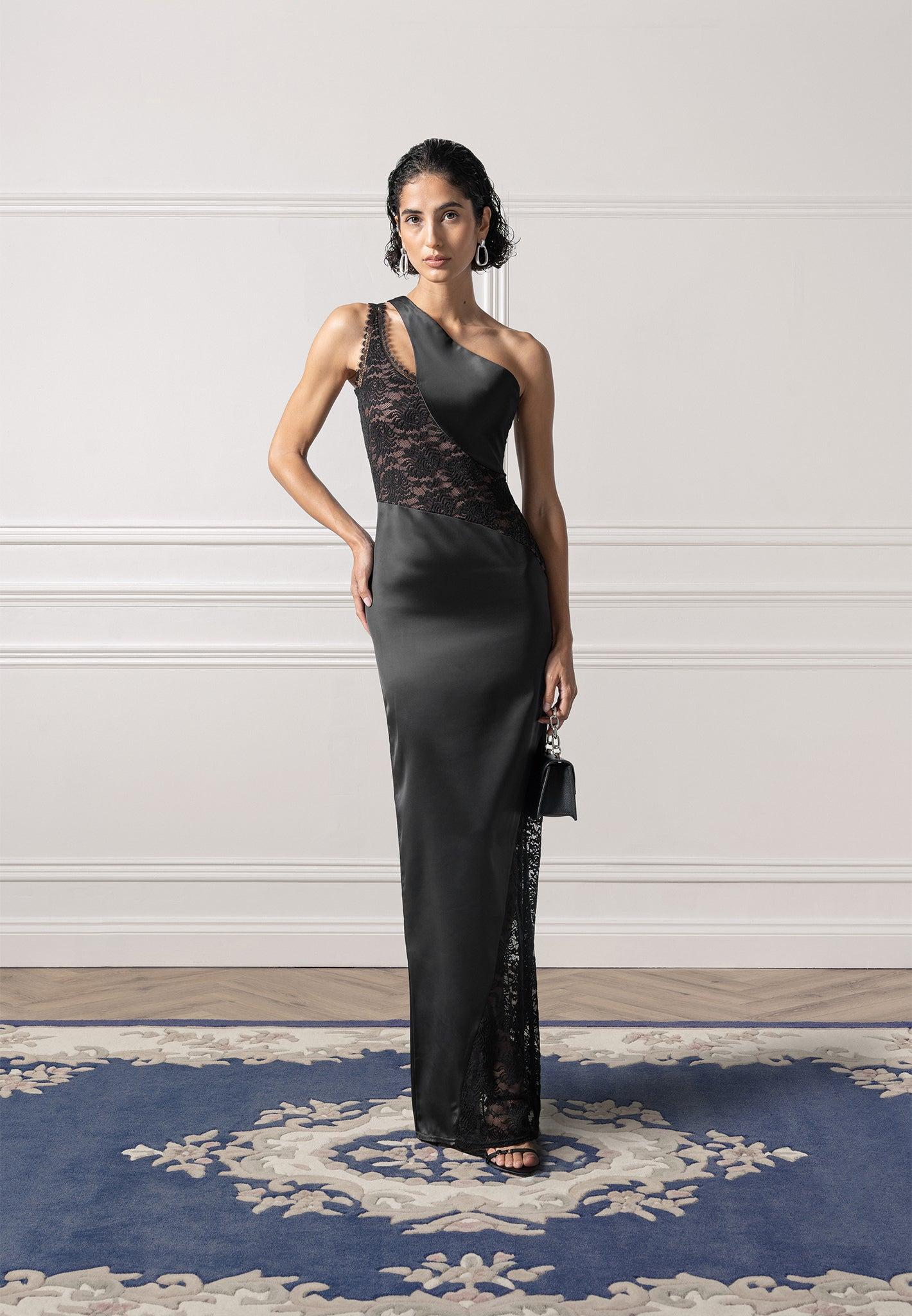 Satin and Lace Midaxi Dress - Black Female Product Image