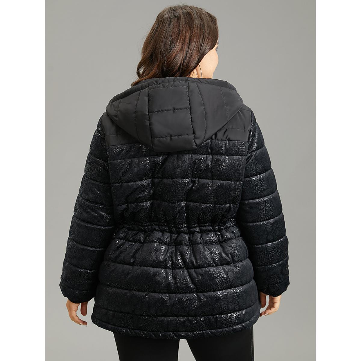 Plus Size Patchwork Drawstring Button Up Glitter Padded Jacket Women Black Lined Pocket Dailywear Jackets BloomChic 30/6X Product Image