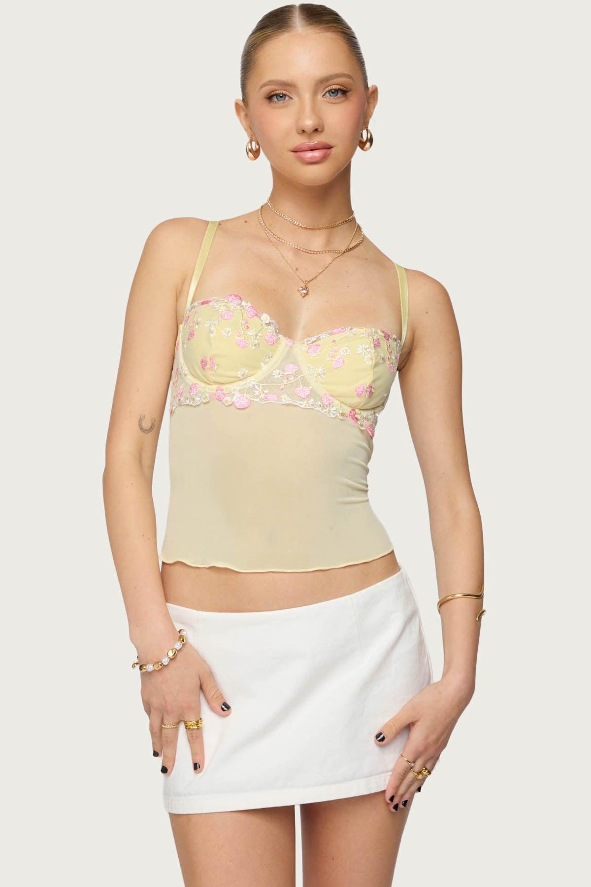 Embroidered Floral Sheer Bra Top Product Image