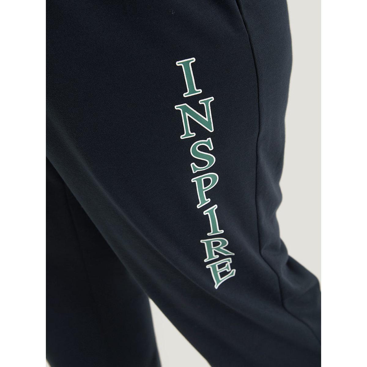 Letter Print Contrast Pocket Elastic Waist Sweatpants Midnight Plus Size Women Casual Dailywear Plain 28/5X Bloomchic Product Image