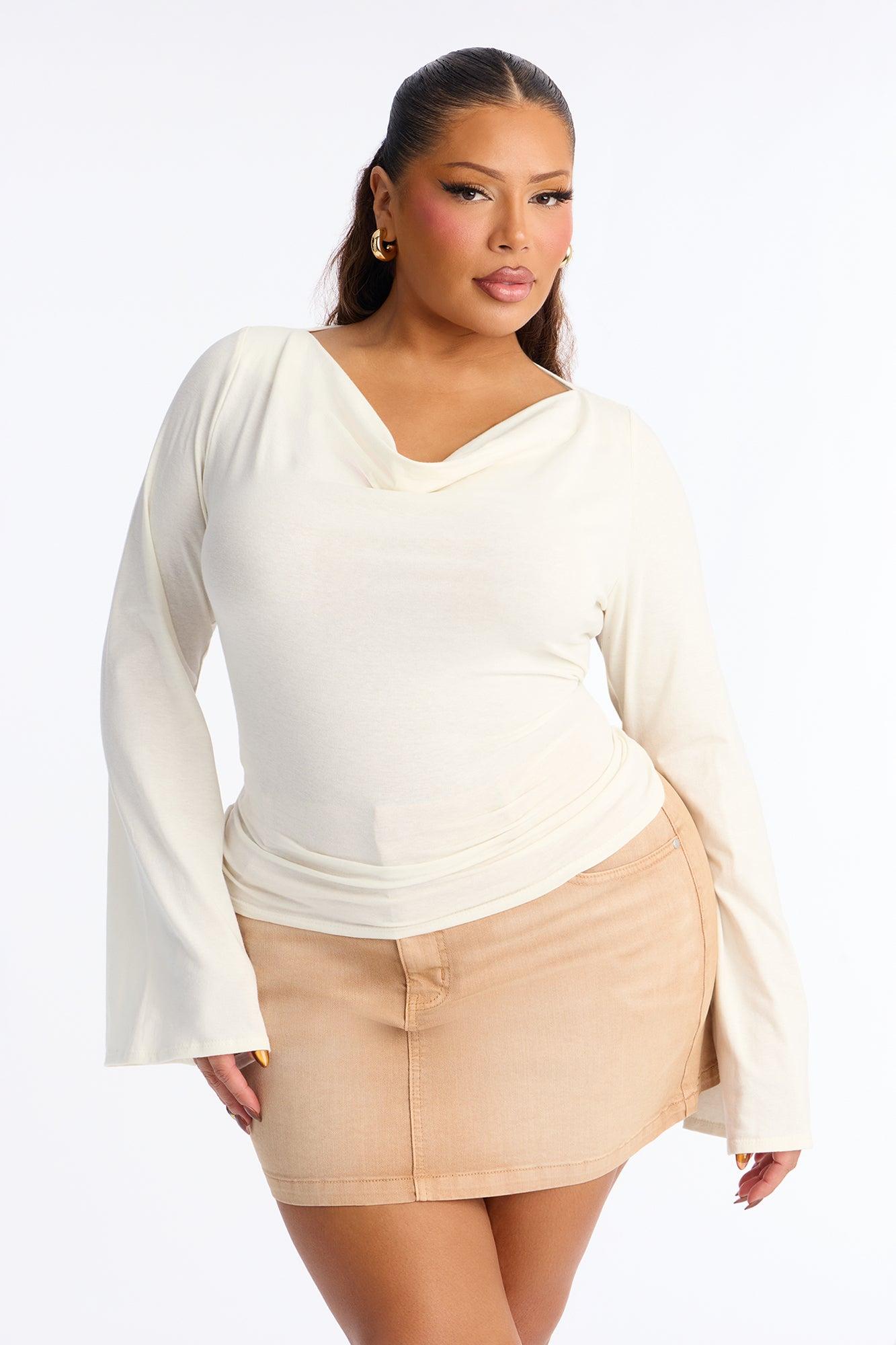 She's Effortless Cowl Neck Long Bell Sleeve Top - Ivory Female Product Image