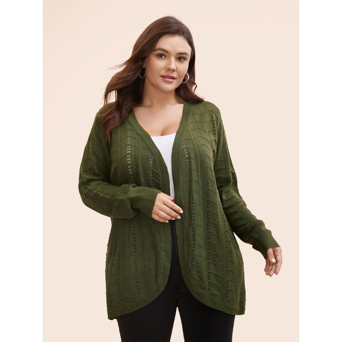 Plus Size Solid Textured Curved Hem Cardigan ArmyGreen Women Casual Loose Long Sleeve Everyday Cardigans BloomChic 14-16/1X Product Image