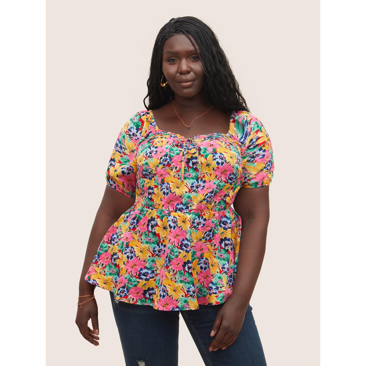 Plus Size Red Floral Elastic Waist Ties Lantern Sleeve Blouse Women Elegant Short sleeve Square Neck Everyday Blouses BloomChic 14-16/1X Product Image