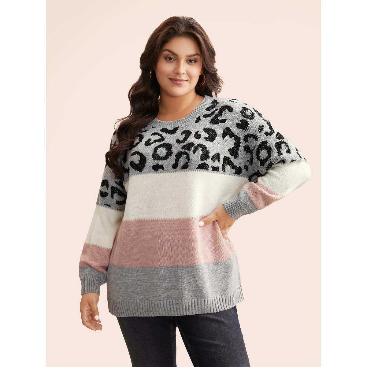 Plus Size Leopard Print Contrast Patchwork Pullover Mediumgray Women Casual Loose Long Sleeve Round Neck Everyday Pullovers BloomChic 22-24/3X Product Image
