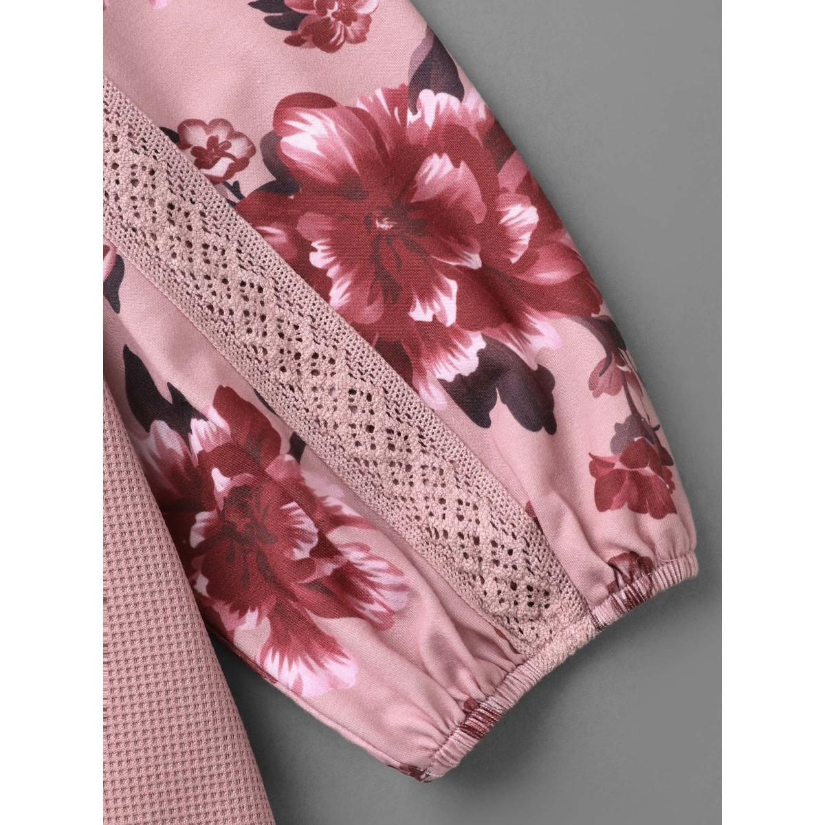 Plus Size Round Neck Floral Patchwork Woven Ribbon Sweatshirt Women Multicolor Elegant Woven ribbon&lace trim Round Neck Everyday Sweatshirts BloomChic 14-16/1X Product Image