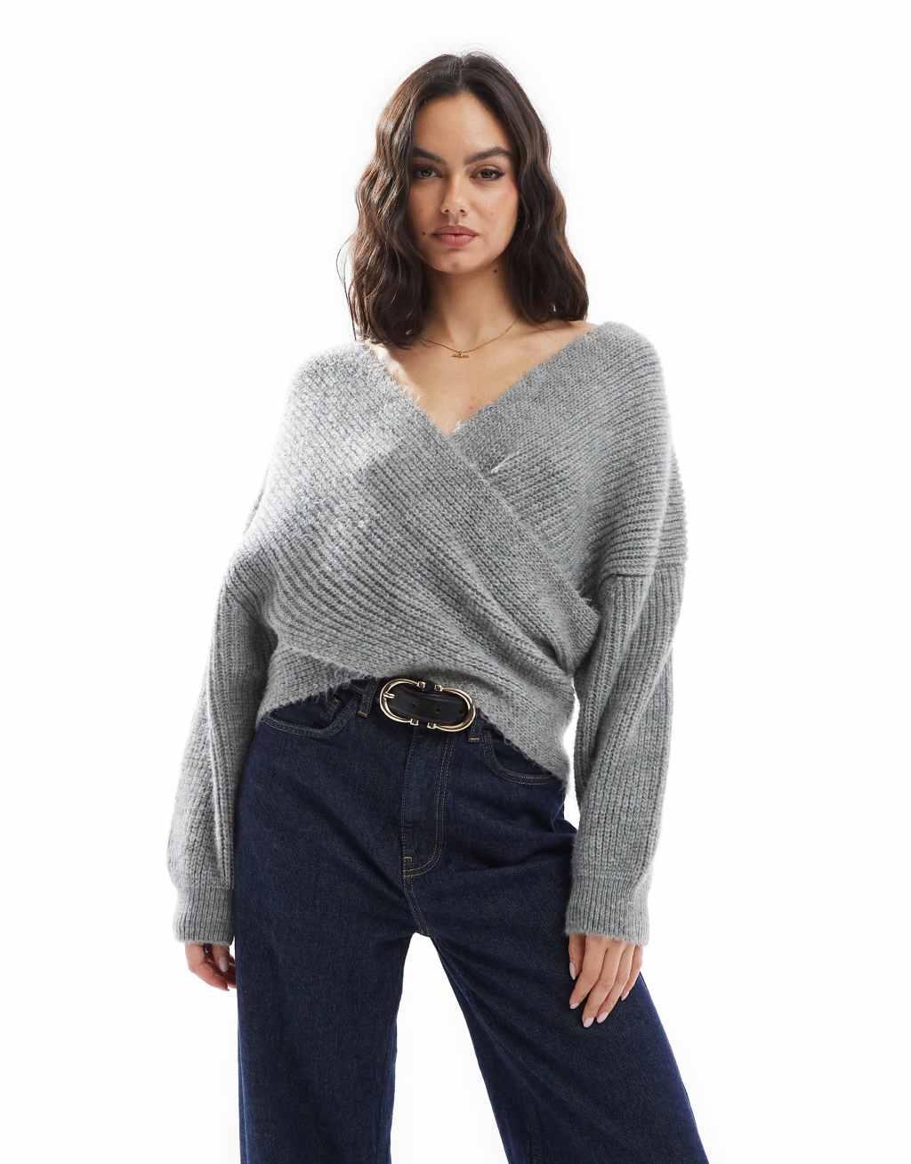 ASOS DESIGN knitted off shoulder sweater in gray Product Image