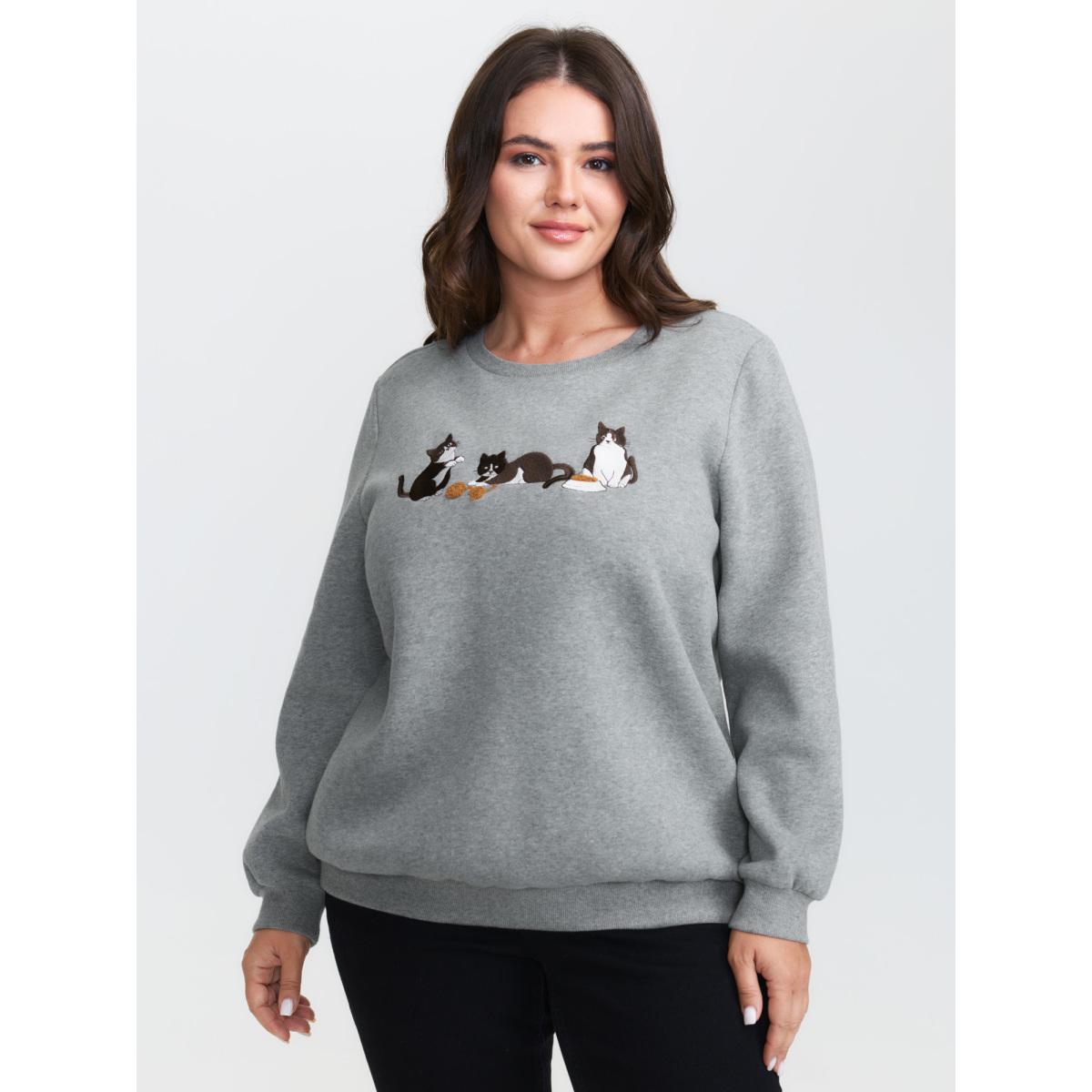 Plus Size Cat Towel Embroidery Fleece Lined Sweatshirt Women DarkGray Embroidered Round Neck Casual Sweatshirts BloomChic 30/6X Product Image