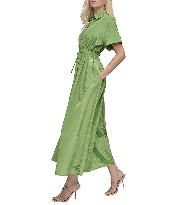 DKNY by Donna Karan Point Collar Neck Short Sleeve Cinch Waist Button Front Shirt Maxi Dress Product Image