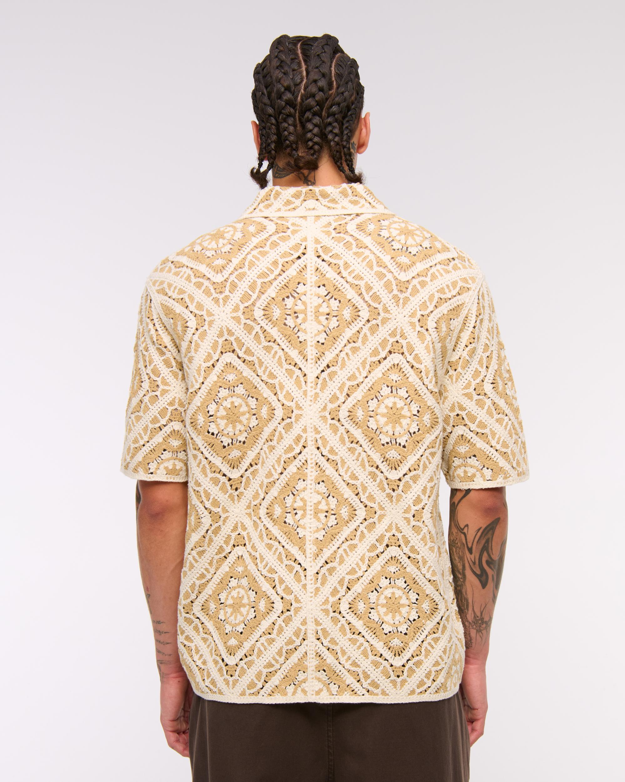 Crochet-Style Border Stripe Button-Through Sweater Polo Product Image