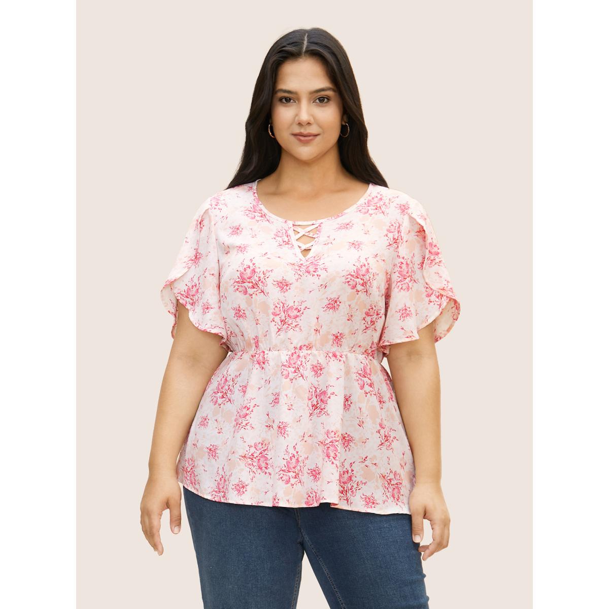 Plus Size Blush Floral Petal Sleeve Elastic Waist Crisscross Blouse Women Elegant Short sleeve Non Everyday Blouses BloomChic 18-20/2X Product Image
