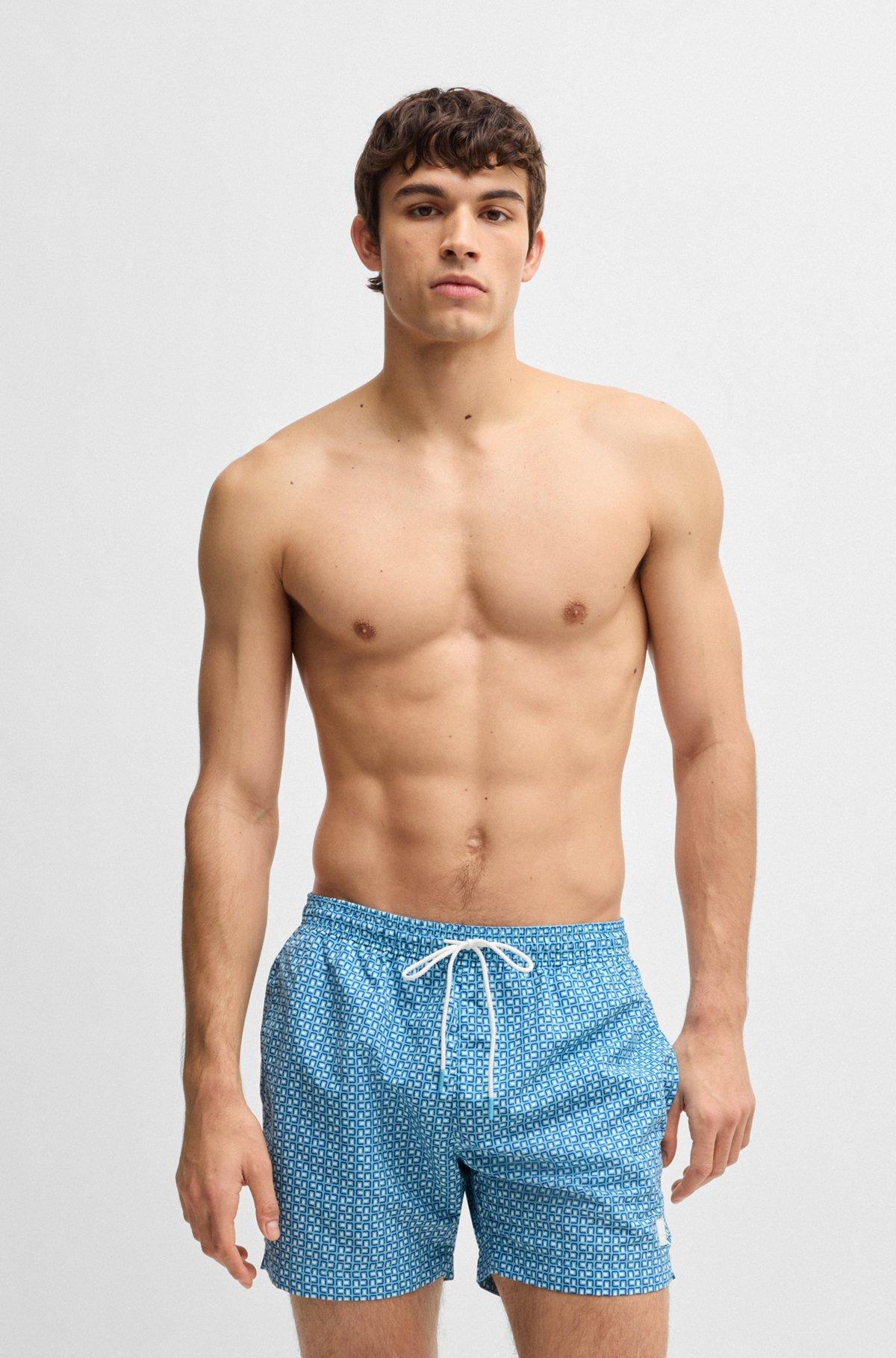BOSS - Drawstring-waist swim shorts with all-over print - Light Blue Product Image