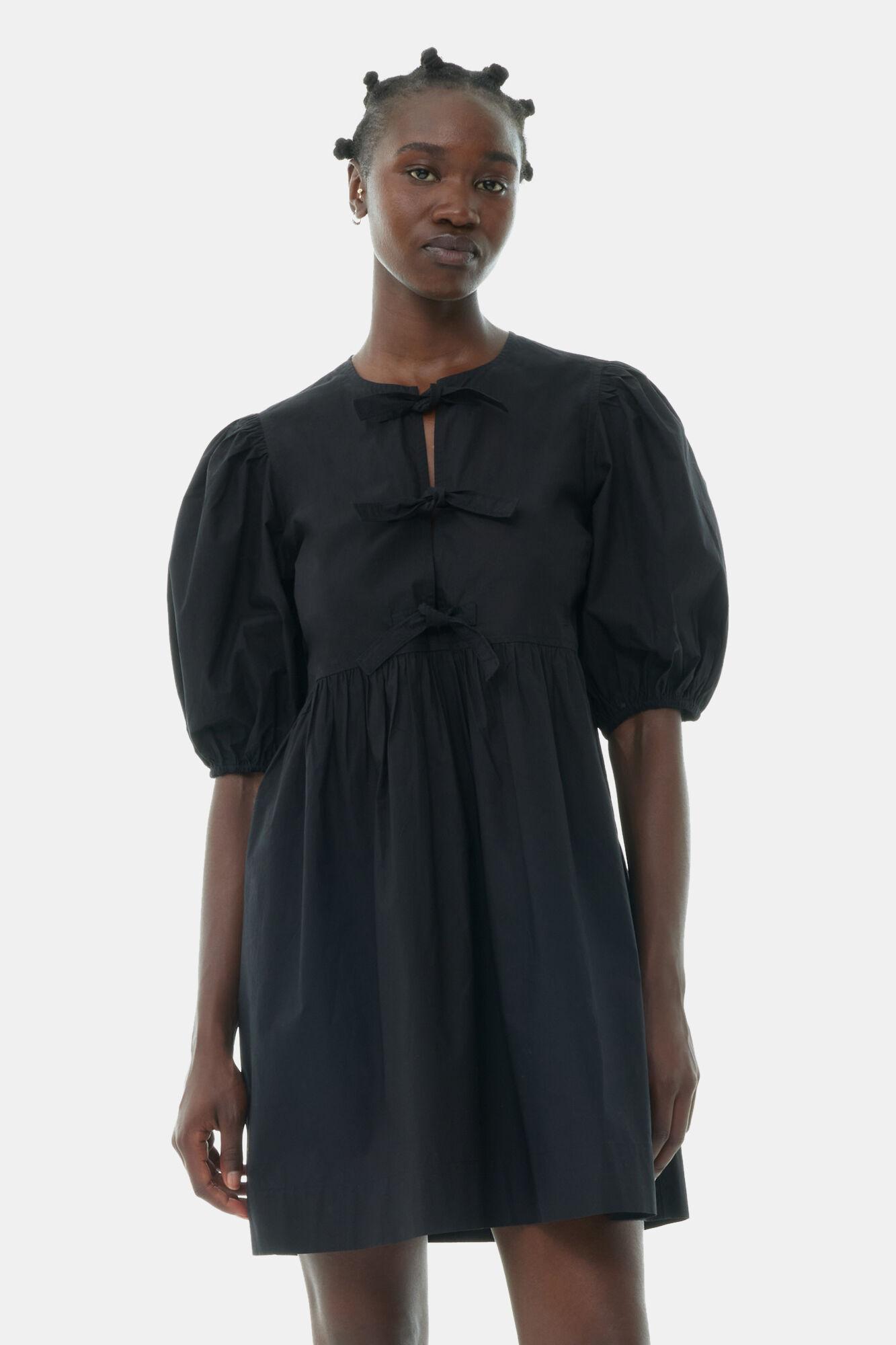 Black Cotton Poplin Tie String Mini Dress Product Image