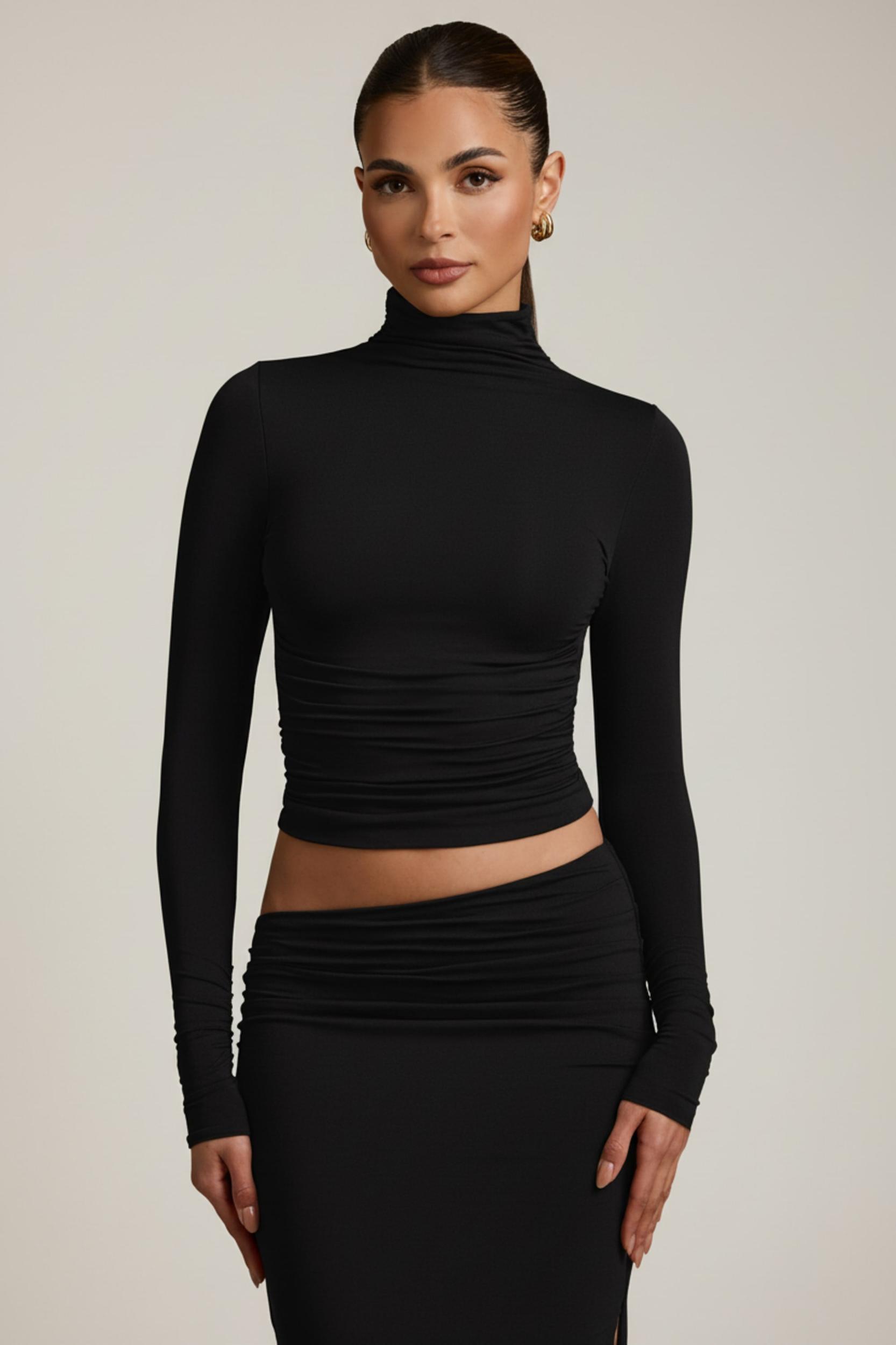 Modal Ruched Backless Turtleneck Top in Black Product Image