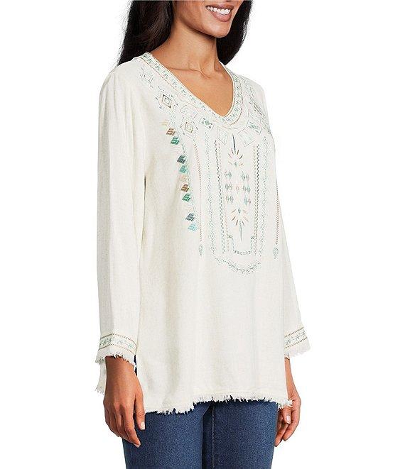 Multiples Embroidered Textured V-Neck 3/4 Sleeve Fringe Edge Top Product Image