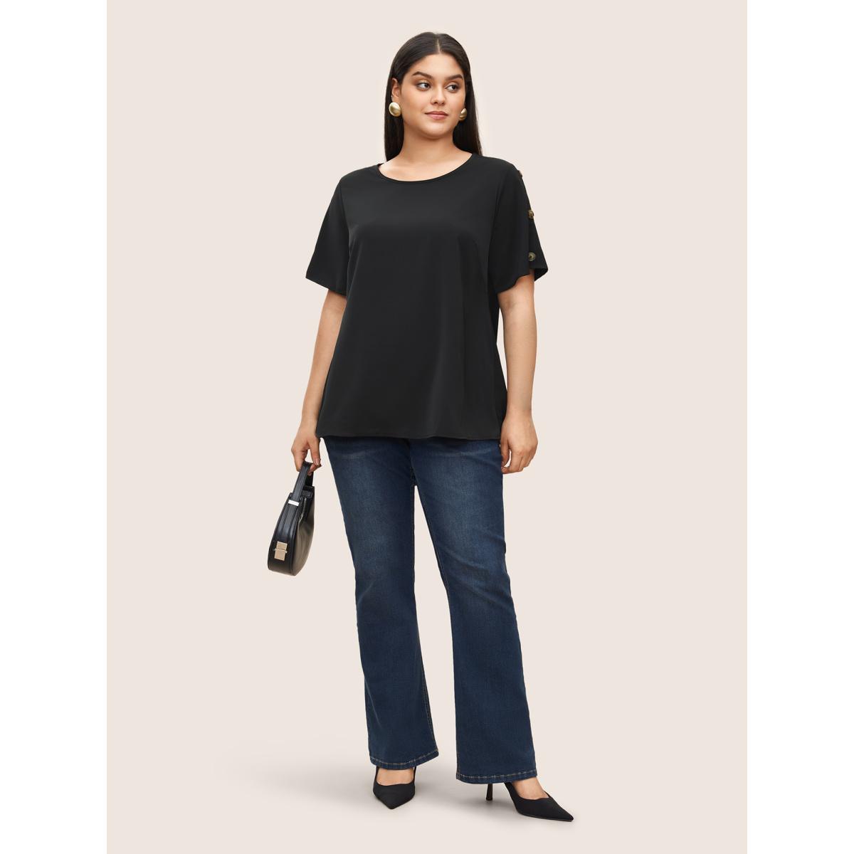 Plus Size Black Plain Round Neck Button Detail Blouse Women Casual Short sleeve Round Neck Everyday Blouses BloomChic 10/M Product Image