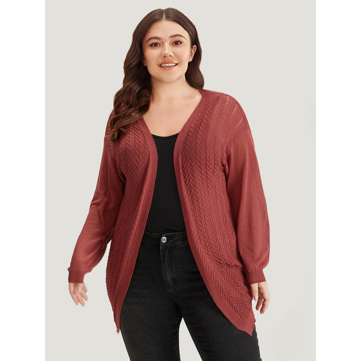 Plus Size Geometric Plisse Patchwork Loose Open Front Cardigan Russet Women Casual Loose Long Sleeve Everyday Cardigans BloomChic 30/6X Product Image