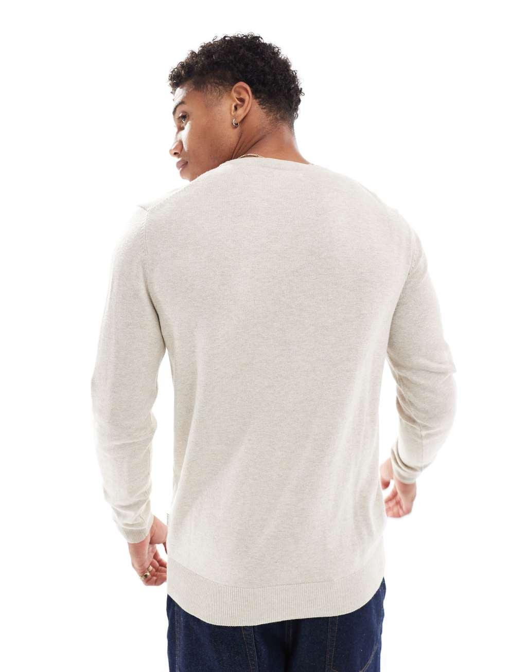 Jack & Jones fine gauge crew neck sweater in beige Product Image