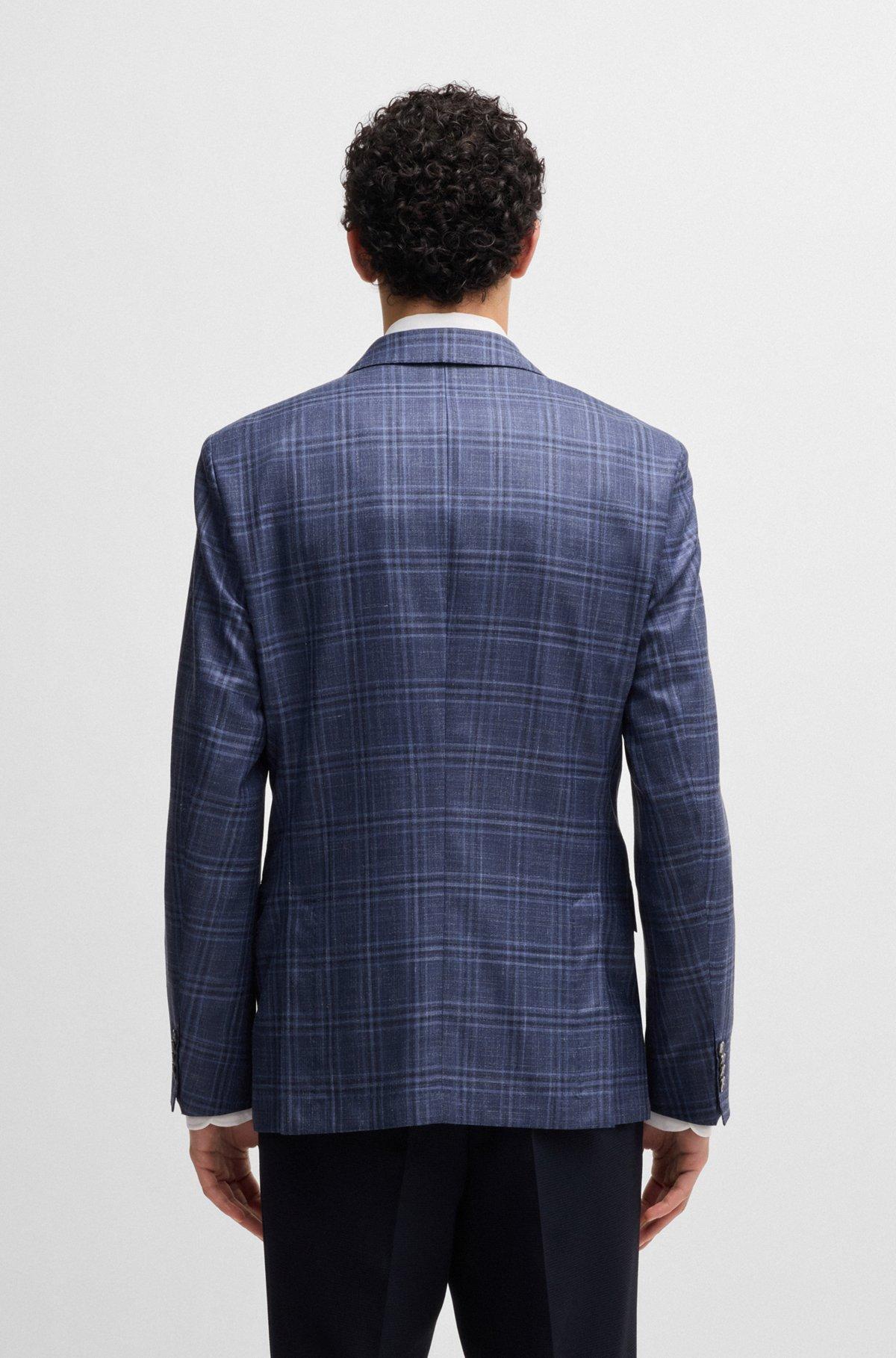BOSS - Slim-fit blazer in checked virgin wool, silk and linen - Blue Product Image