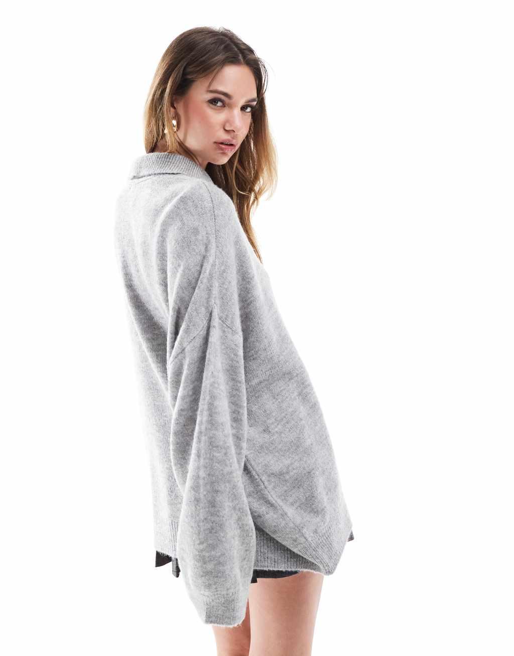 ASOS DESIGN knit compact rugby shirt in gray Product Image