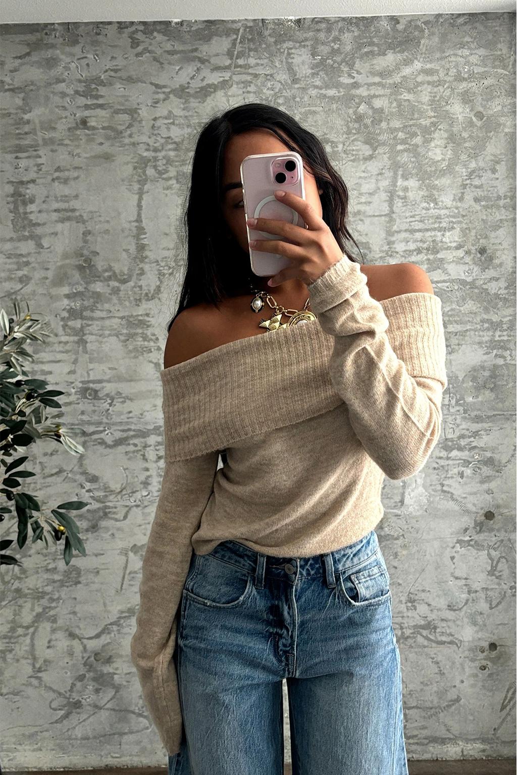 Nora Beige Off the Shoulder Sweater Product Image