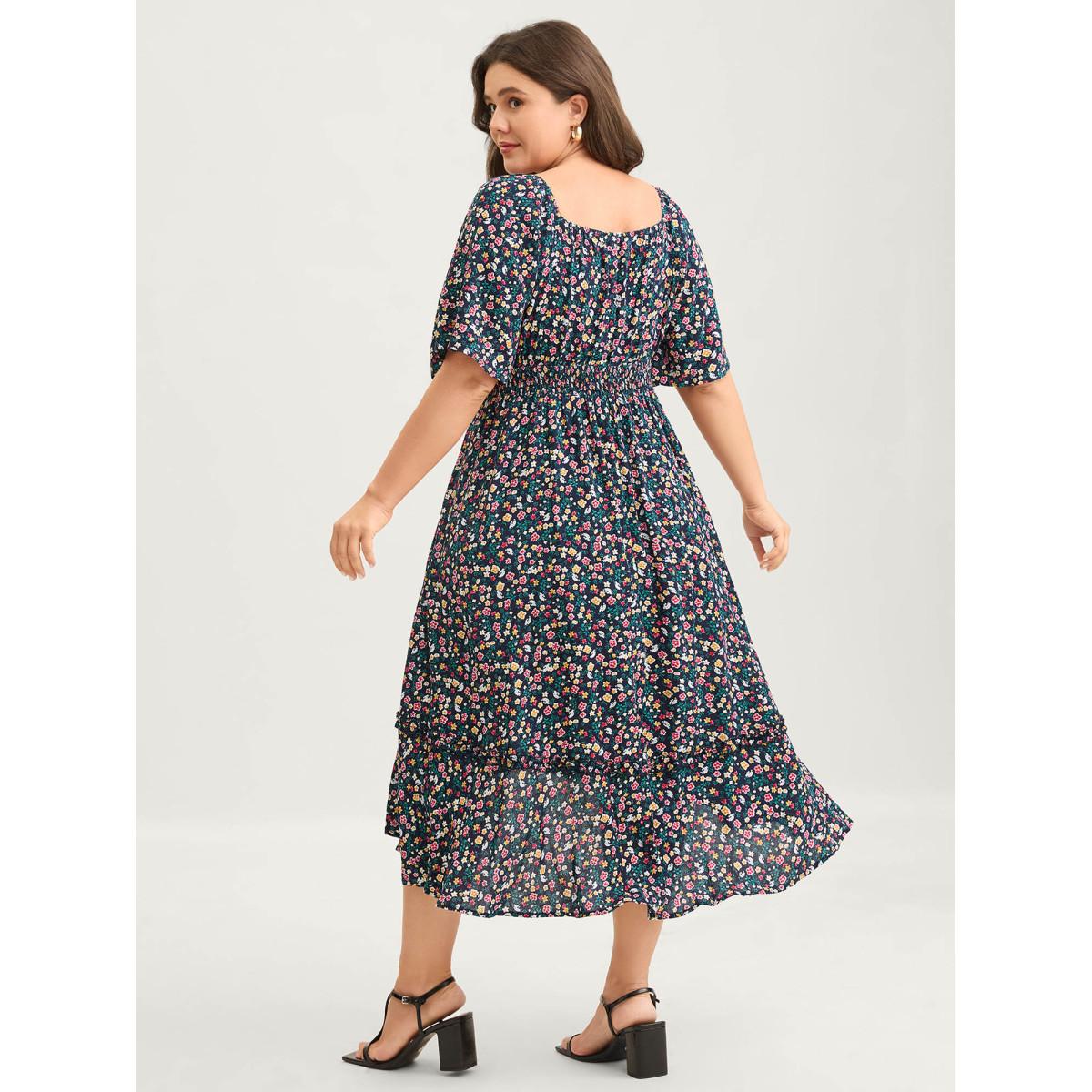Plus Size Micro Floral Shirred Asymmetrical Midi Dress Navy Women Shirred Square Neck Short sleeve Curvy BloomChic 22-24/3X Product Image