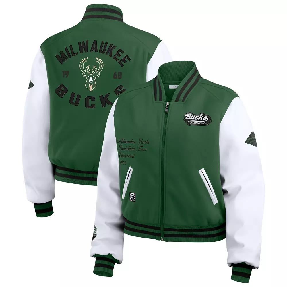Women's WEAR by Erin Andrews Hunter Green/White Milwaukee Bucks Cropped Varsity Full-Zip Jacket, Size: XL, Team Product Image