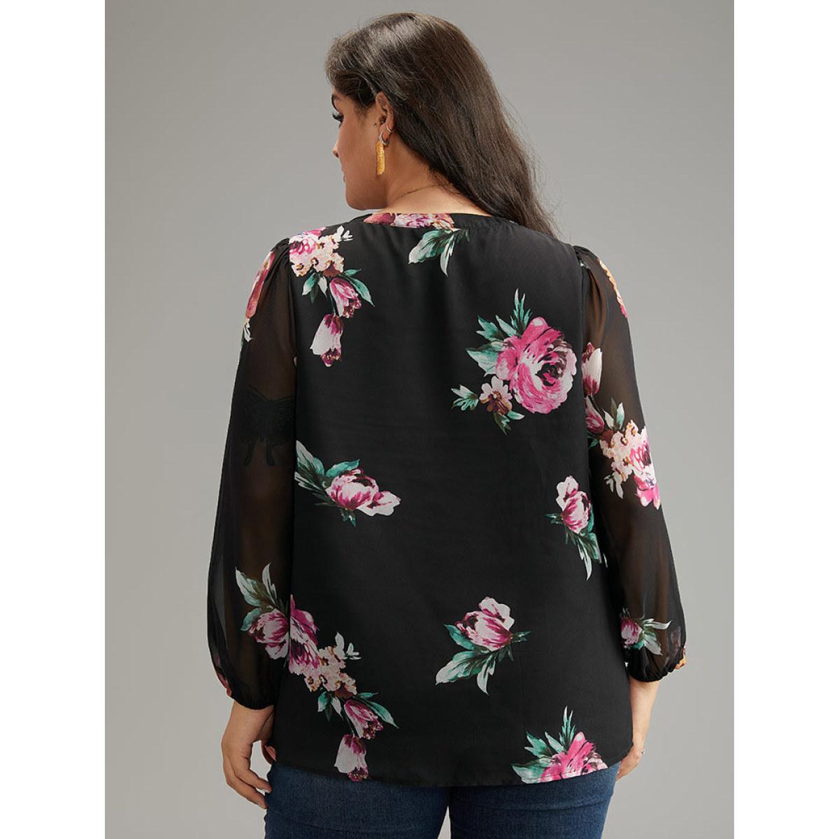 Plus Size Black Floral Knot Neck Mesh Patchwork Blouse Women Glamour Long Sleeve Tie Neck Going out Blouses BloomChic 28/5X Product Image