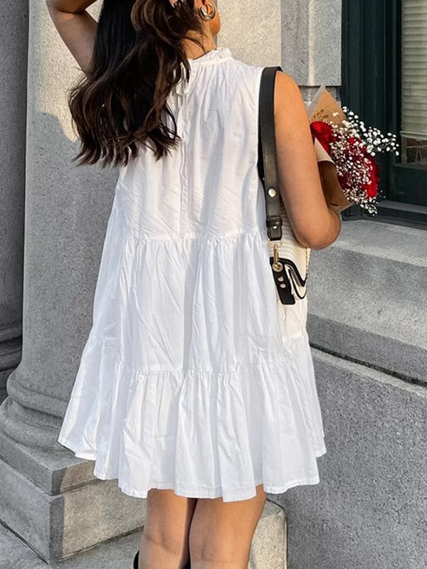 A-Line Loose Pleated Ruffled Solid Color Split-Joint Round-Neck Mini Dresses Shirt Dress Product Image