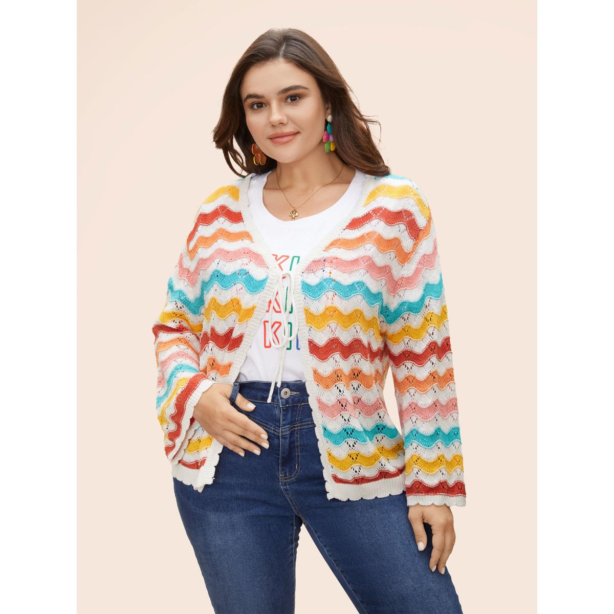 Plus Size Cotton Rainbow Perforated Front Tie Cardigan Multicolor Women Casual Loose Long Sleeve Everyday Cardigans BloomChic 26/4X Product Image
