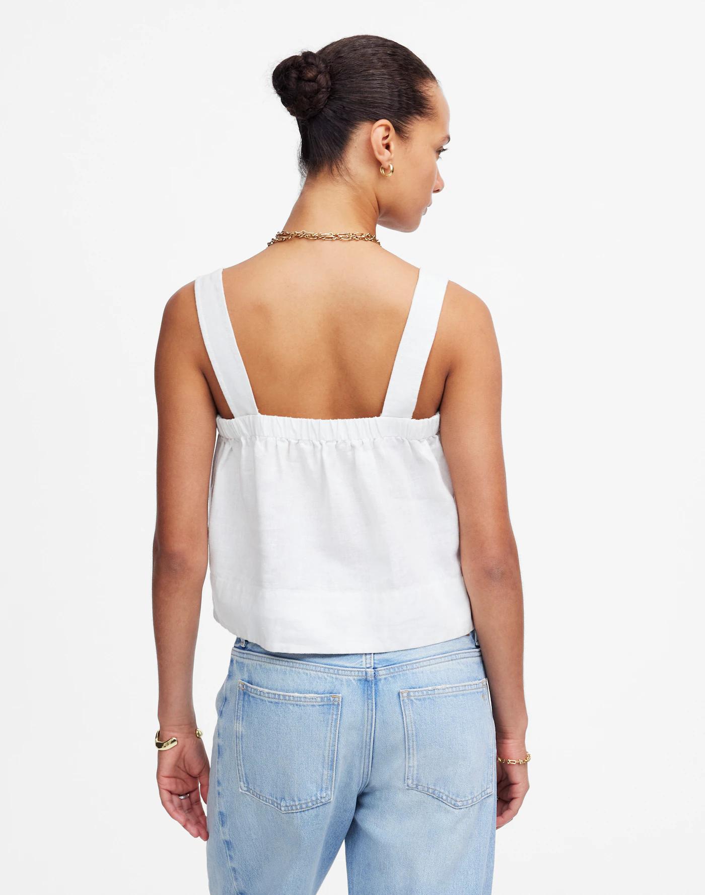 Contrast-Stitch Squareneck Top in 100% Linen Product Image