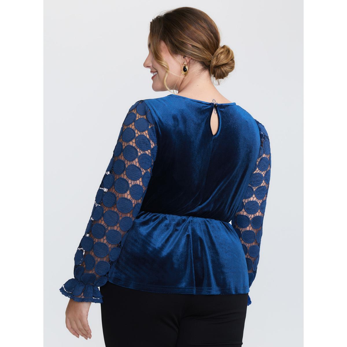 Plus Size Indigo Velvet Sheer Lace Sleeve Flared Blouse Women Romantic Long Sleeve Round Neck Elegant Blouses BloomChic 30/6X Product Image