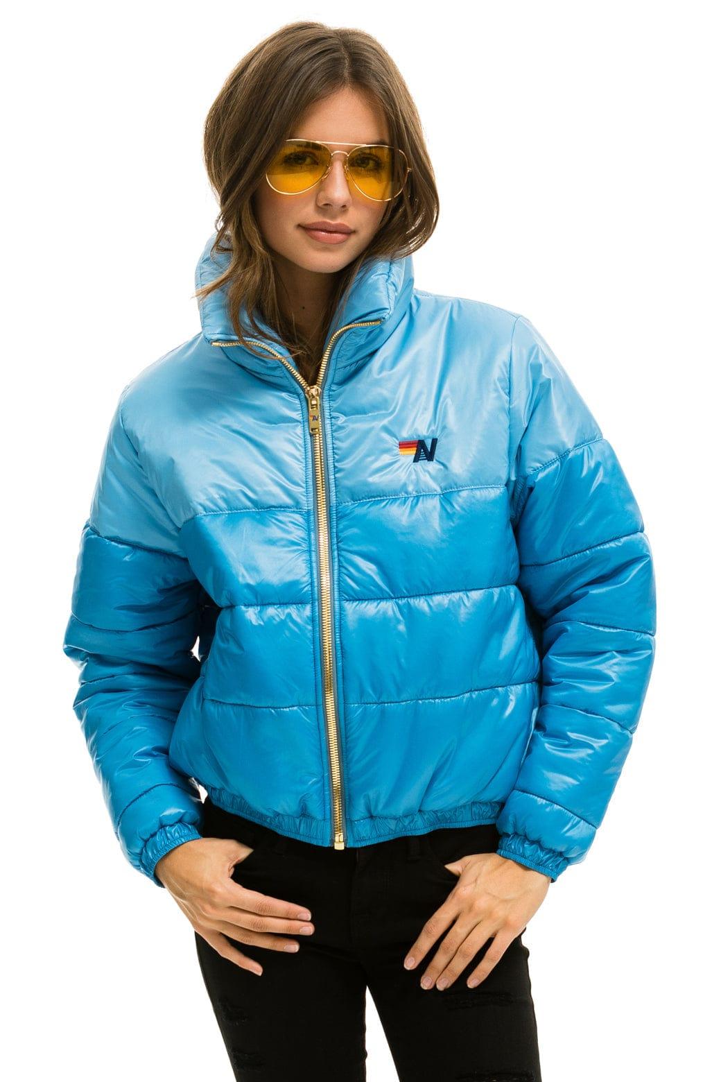 COLOR BLOCK HALF AND HALF APRES PUFFER JACKET - SKY GLOSSY Female Product Image