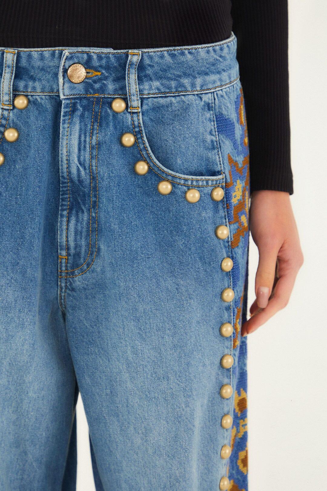 Denim Metal Details Embroidered High Waist Pants Product Image
