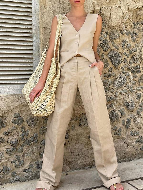 High Waisted Loose Pleated Solid Color Split-Joint V-Neck Two Pieces Set Product Image