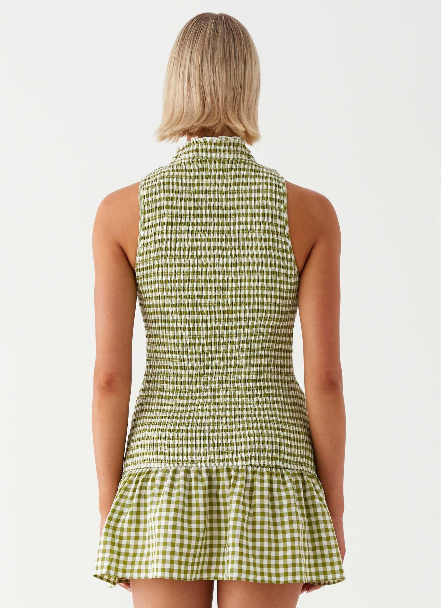 Cassie shirred Mini Dress - Khaki Gingham Product Image