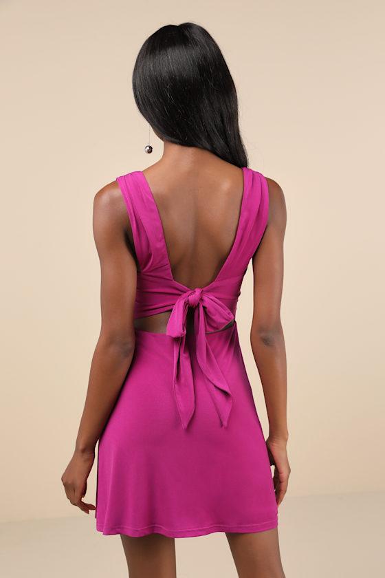Sweetheart Glam Magenta Slinky Knit Tie-Back Mini Dress Product Image