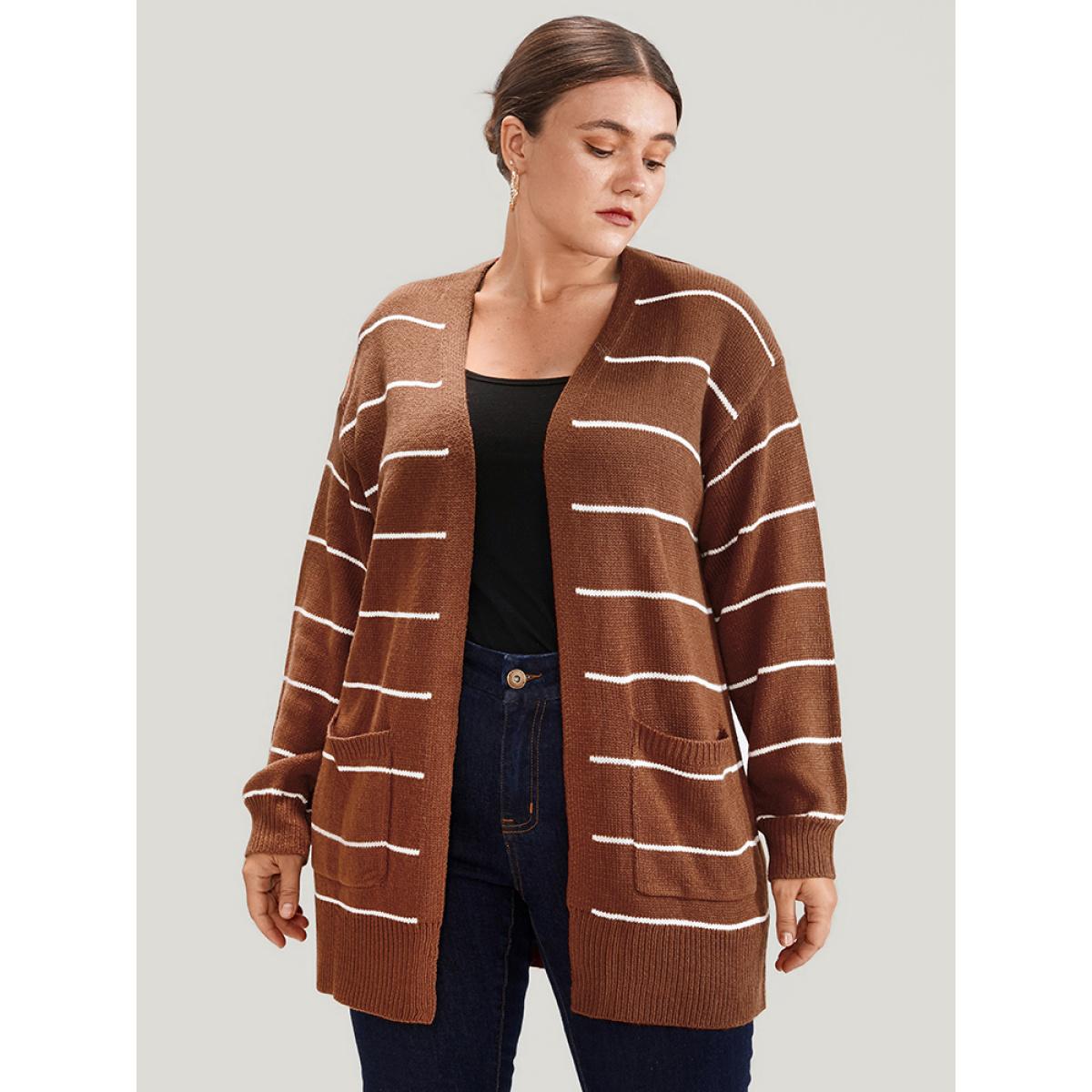 Plus Size Striped Pointelle Knit Button Side Pocket Open Front Cardigan Rust Women Casual Loose Long Sleeve Office Cardigans BloomChic 18-20/2X Product Image