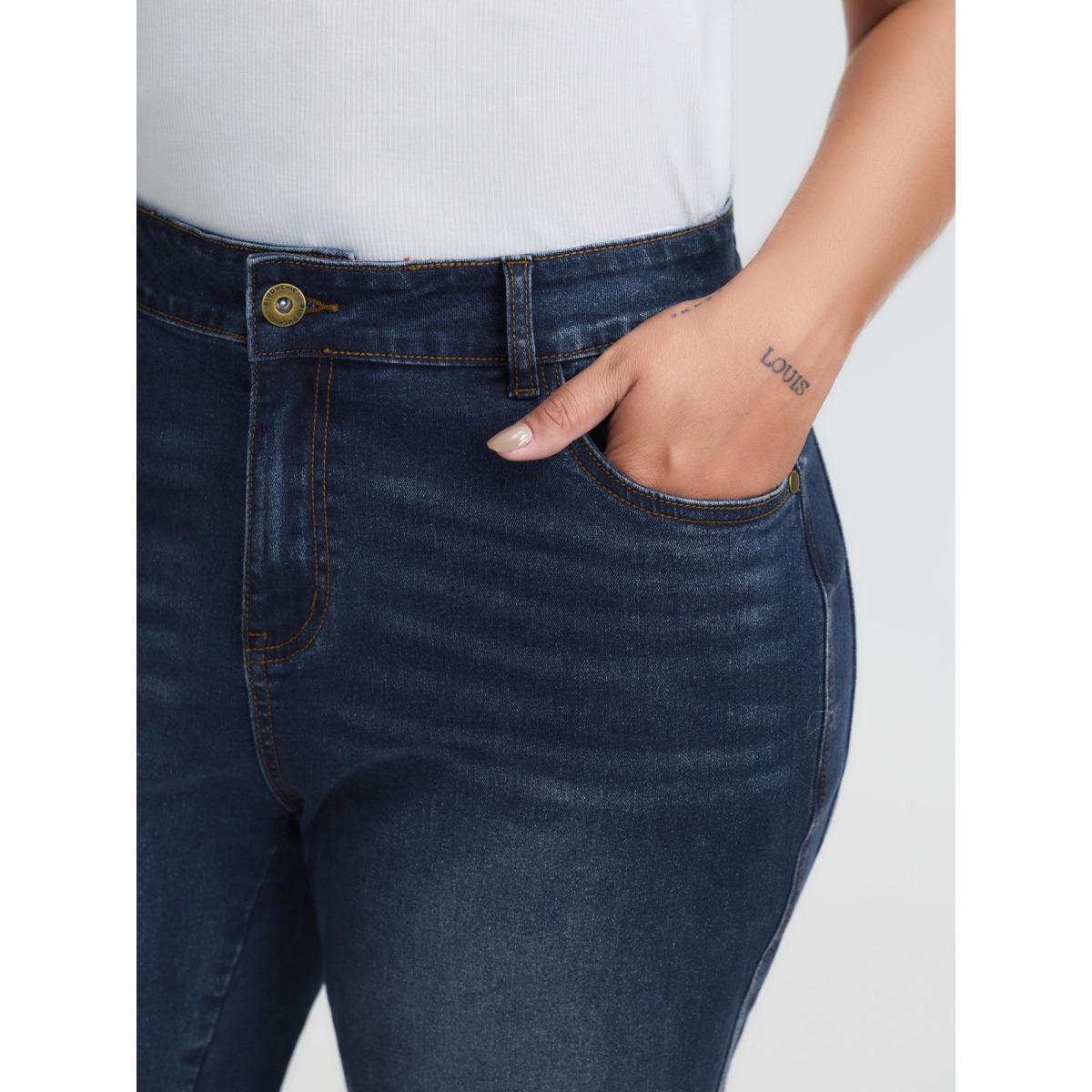 Plus Size Mid-Rise Flare Hem Jeans Women Denimindigo Timeless Topstitching Medium stretch Slanted pocket Jeans BloomChic 10/M Product Image