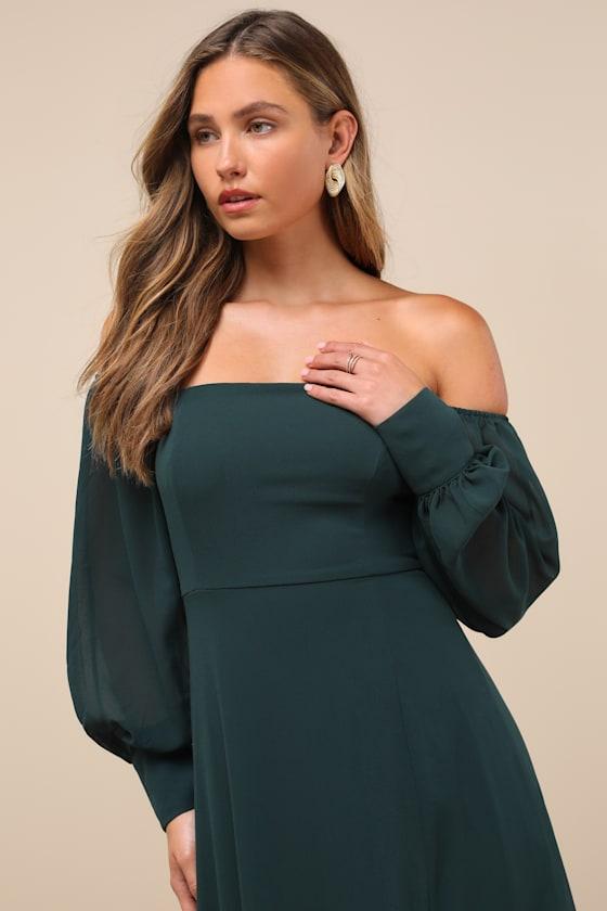 Feel the Romance Emerald Green Off-the-Shoulder Maxi Dress Product Image