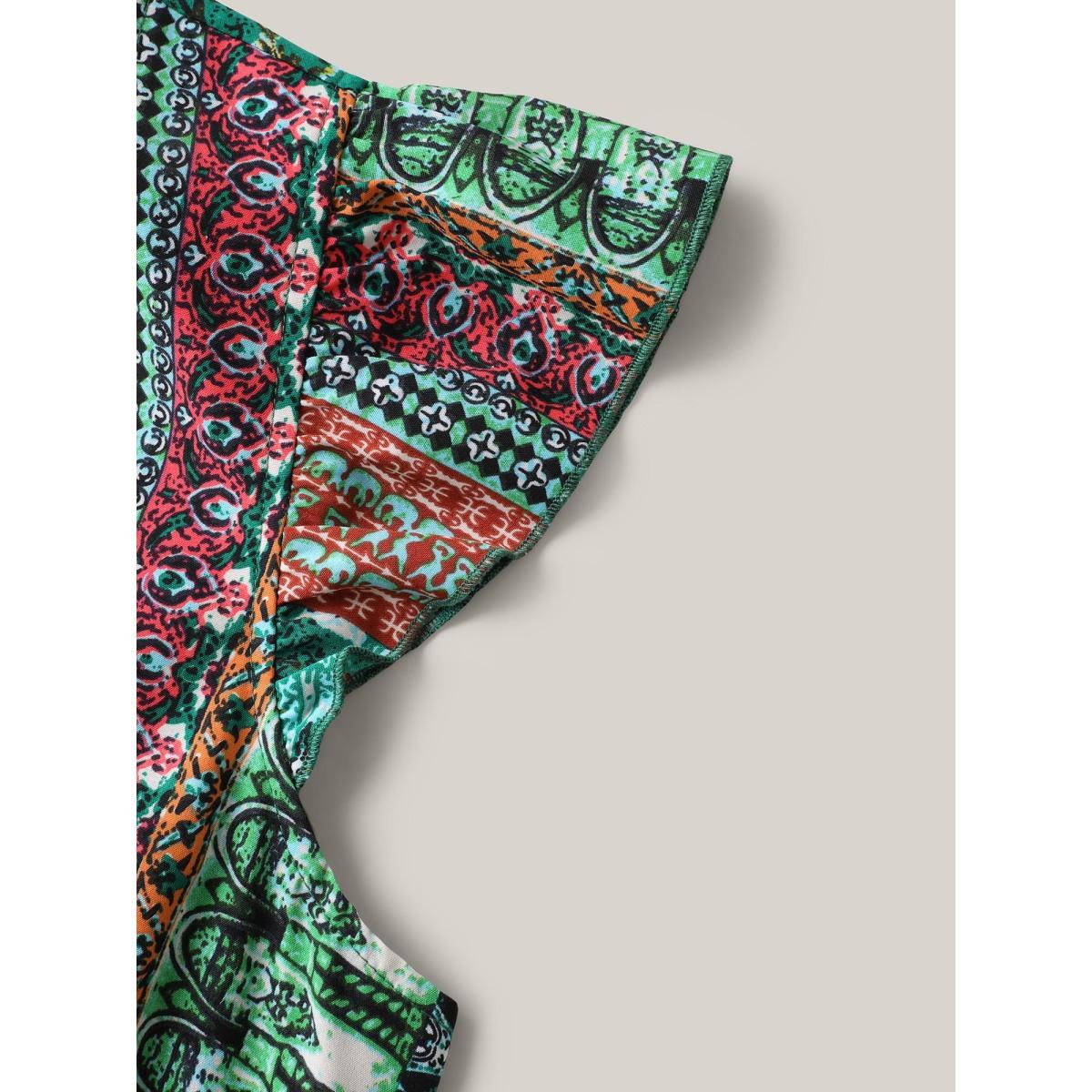 Plus Size Boho Stripes Pockets Flutter Midi Dress Emerald Women Heart neckline Cap Sleeve Curvy BloomChic 30/6X Product Image