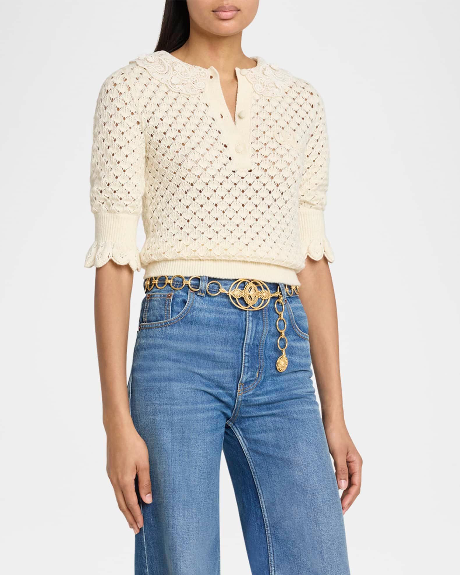 Lace-Collar Open Knit Polo Top Product Image