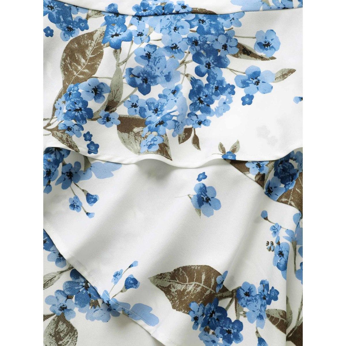 Plus Size Floral Print Ruffles Elastic Waist Cami Dress Mediumblue Women Elegant Non Sleeveless Curvy BloomChic 14-16/1X Product Image