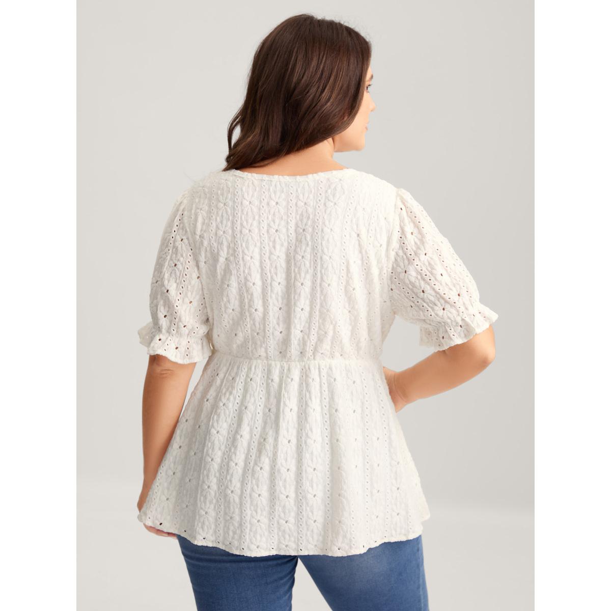 Plus Size Ivory Textured Eyelet Embroidered Solid Blouse Women Short sleeve V-neck Everyday-Elegant Blouses BloomChic 30/6X Product Image