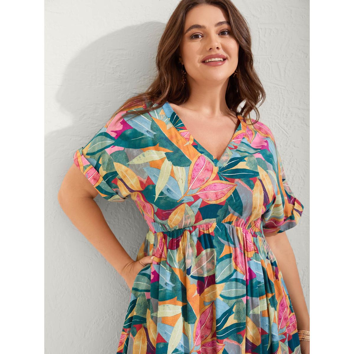 Plus Size Rayon Leafy Print Pockets Midi Dress Teal Women Resort V-neck Short sleeve Curvy BloomChic 10/M Product Image