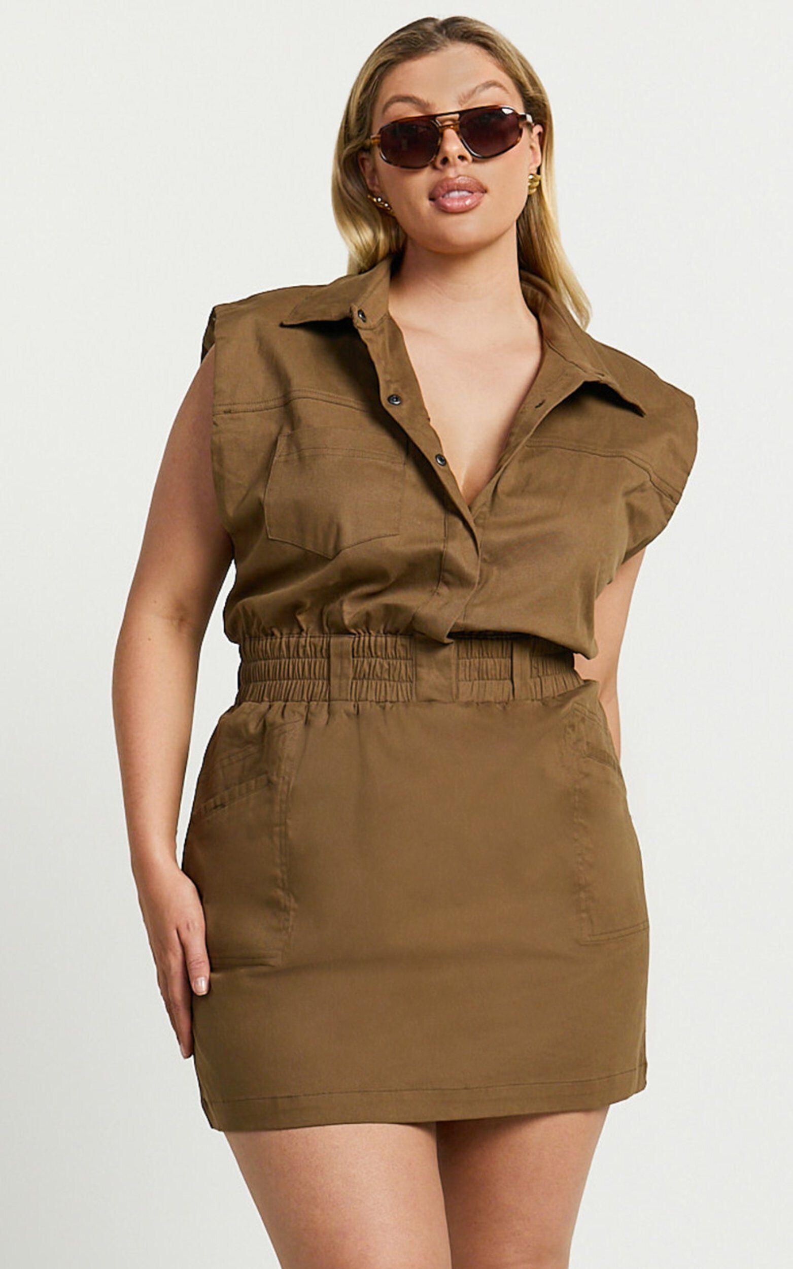 Dana Mini Dress - Collared Button Front Utility Dress in Khaki Product Image
